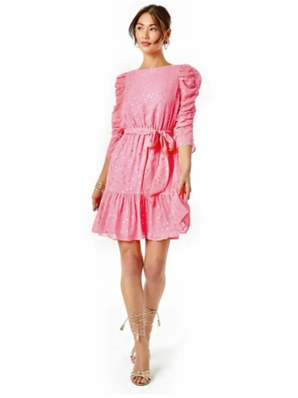 Lilly Pulitzer Silk Puff Sleeve Tie Waist Mini Chianna Coral Pink Gold Dress 10